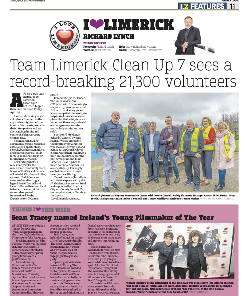 The Leader Column April 23 2022 - Team Limerick Clean Up 7 sees a record-breaking 21,300 volunteers.