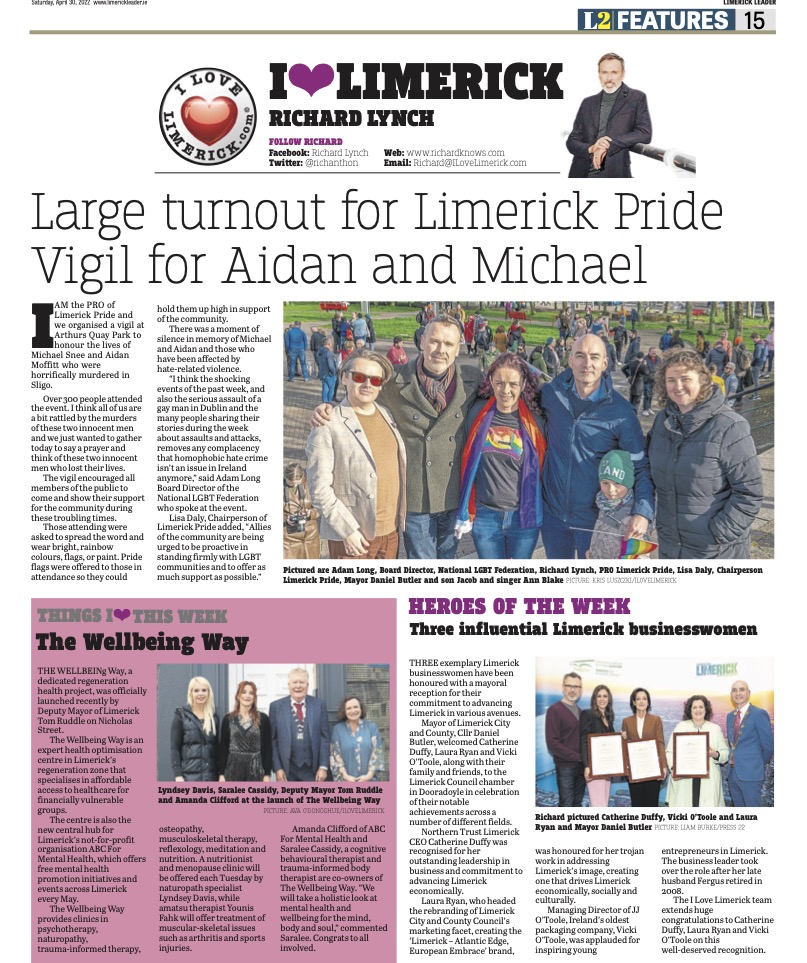 The Leader Column April 30 2022 - Large turnout for Limerick Pride vigil for Sligo men, Aidan and Michael