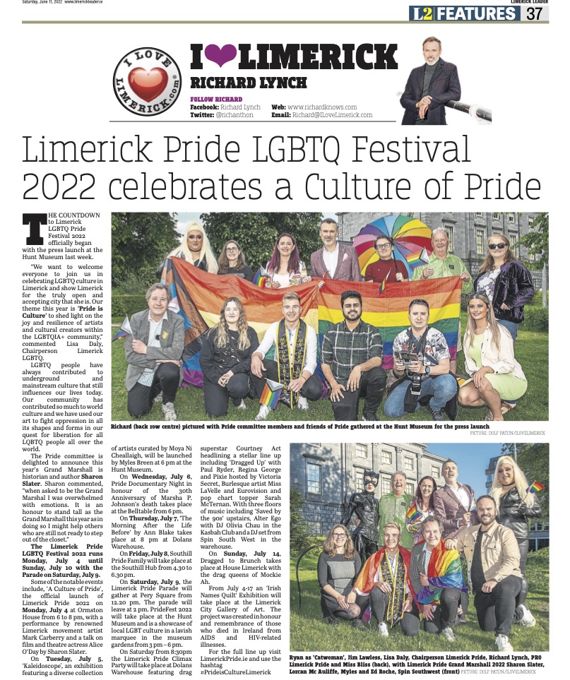 The Leader Column June 11 2022 - Limerick  Pride LGBTQ Festival 2022 celebrates a Culture of Pride.
